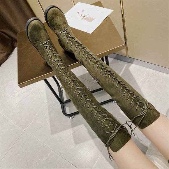 Army Olive Green Knee High Thigh High Lace Up Combat Boot with Lug Sole - Picture 2 of 6